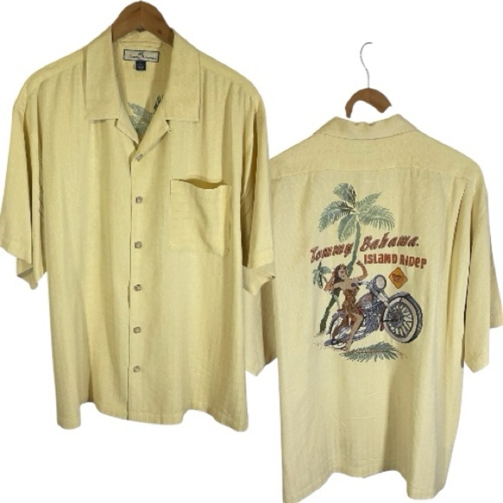 BF1082 Tommy Bahama 100% Silk Island Rider Camp Shirt Yellow Mens XL Graphic